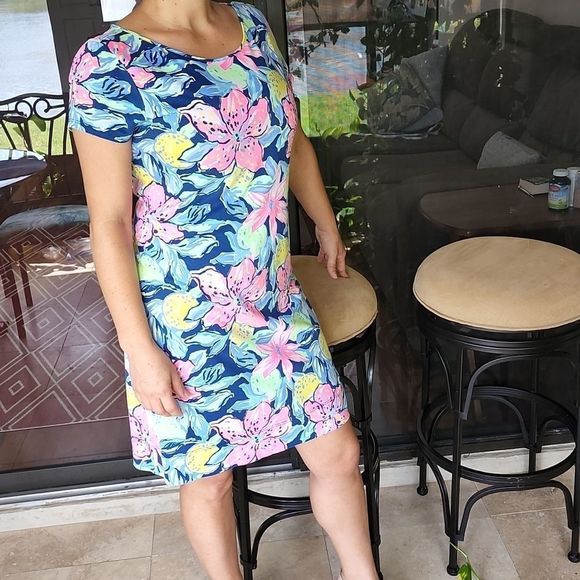 VEUC Sz M LP S/S Navy Pink Yellow Green Dress - Picture 6 of 11